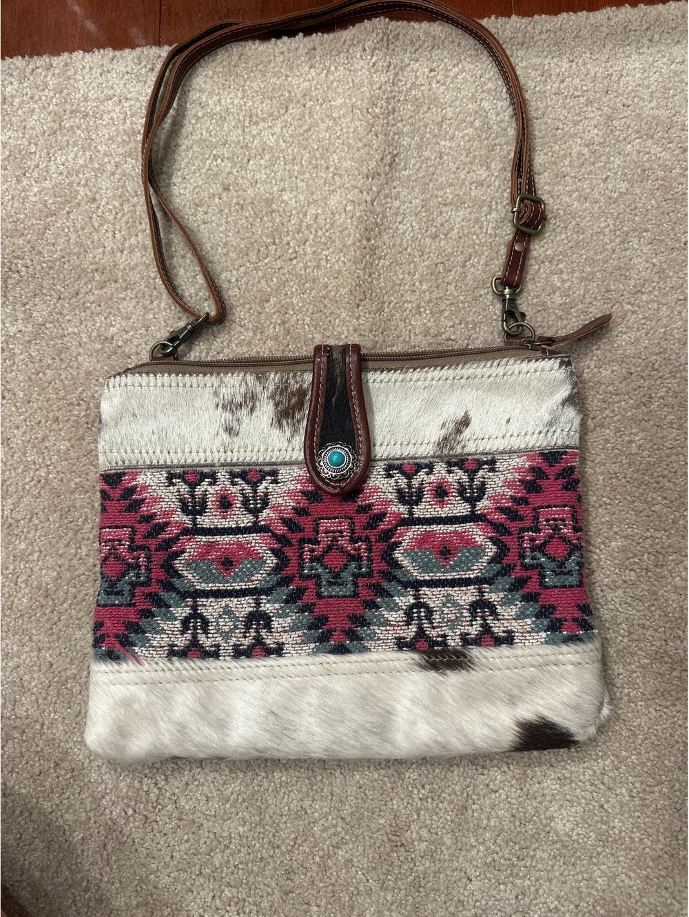 (3)Myra Bag Crossbody Shoulder Bag with Tribal Pattern and Leather Accents